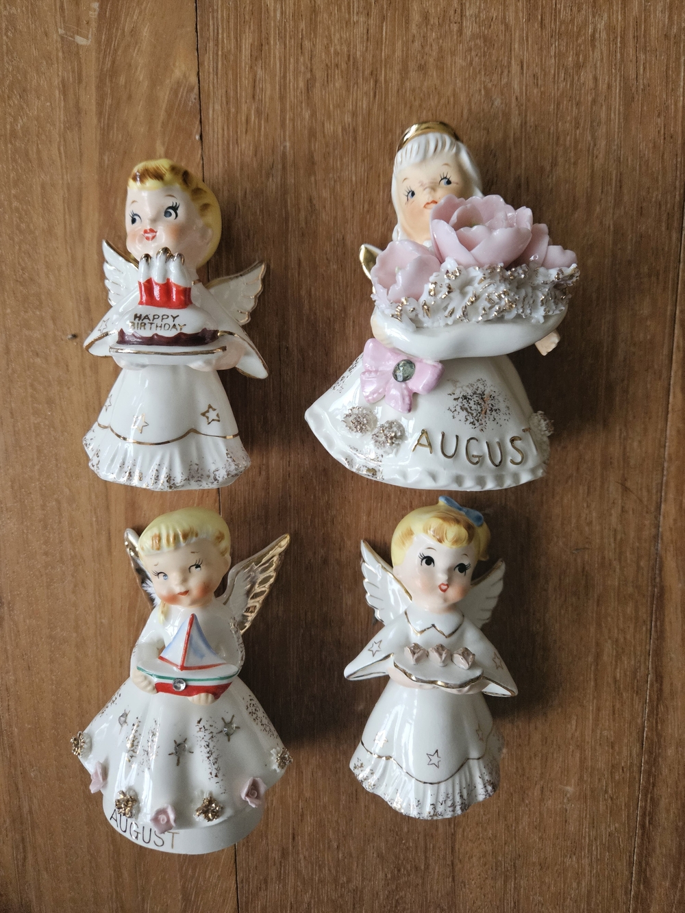Lefton Porcelain Angel Figurine Set - White, Pink & Gold Accents